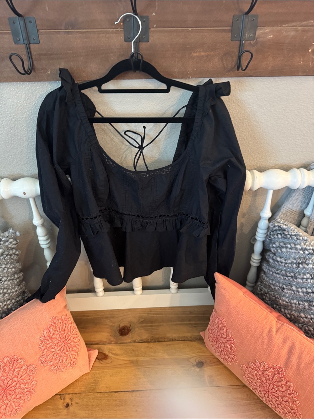 Free People Black Peasant Tie-Back Blouse